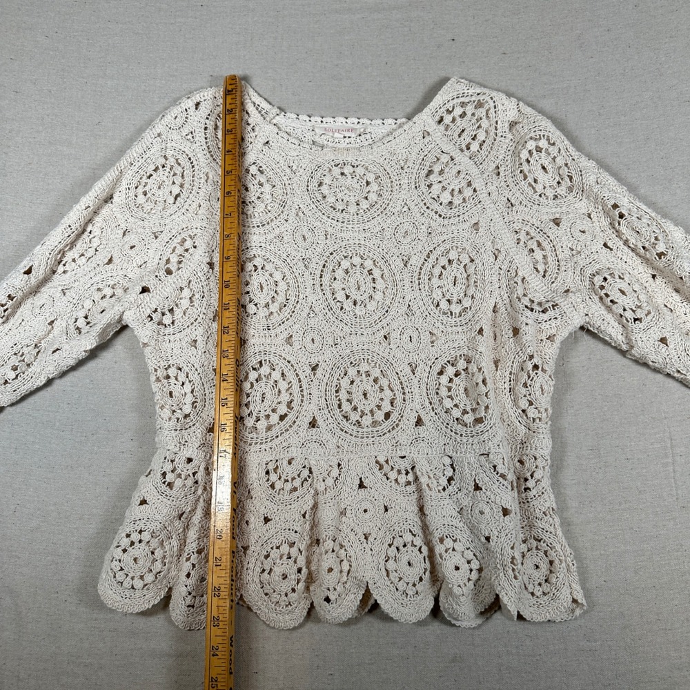 Solitaire Women Crochet Lace Peplum Top Cream Medallion 3/4 Sleeve Large Boho‎ - Picture 6 of 6